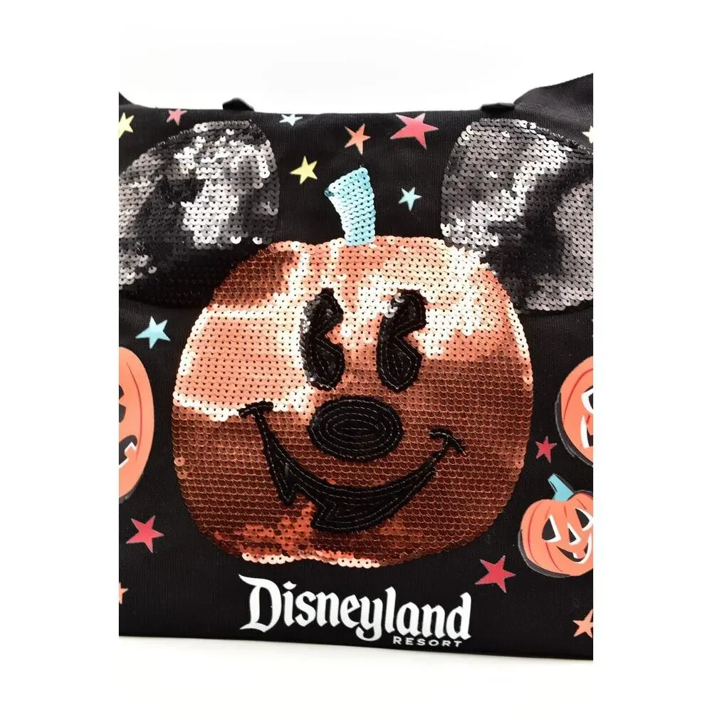 Disneyland Resort Halloween Sequin Pumpkin Mickey Mouse Open Top Tote Bag Black